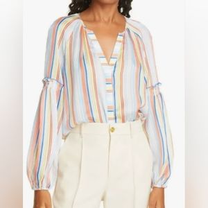 Tanya Taylor Size Small ILLA Romantic White Colorful Stripe Silk Poet Blouse NWT